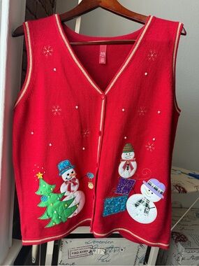 Red V-Neck Knit Sweater with Gold Trim